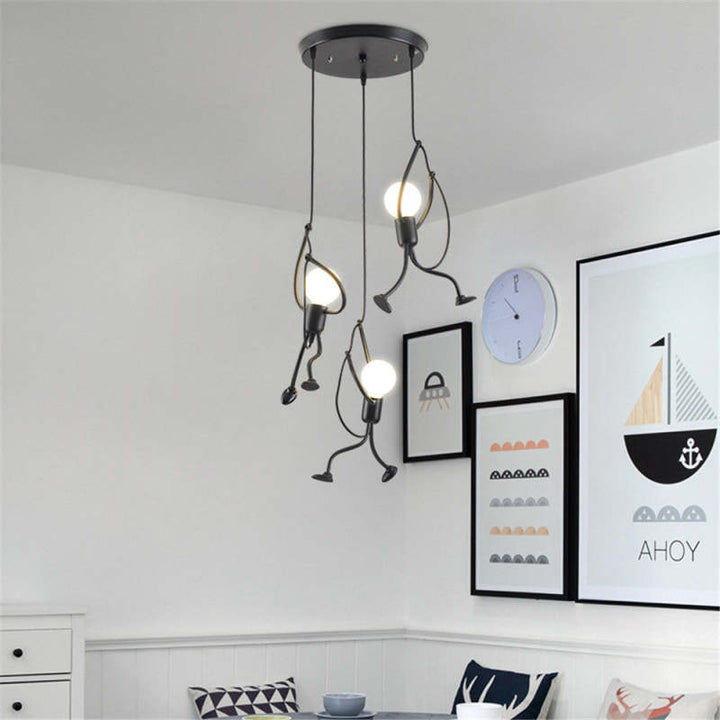 Retro Iron Little Man LED Ceiling Lamp – Modern Art Pendant Light for Living Room and Kids Bedroom Decor, Black Chandelier