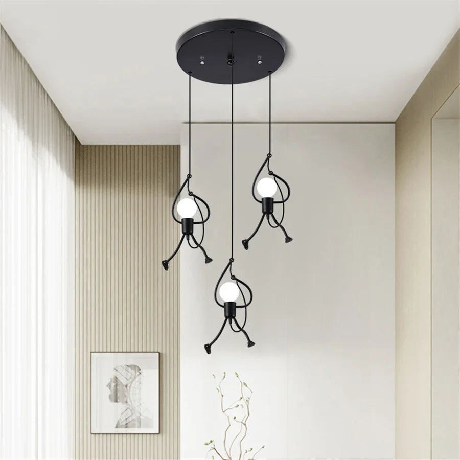 Retro Iron Little Man LED Ceiling Lamp – Modern Art Pendant Light for Living Room and Kids Bedroom Decor, Black Chandelier