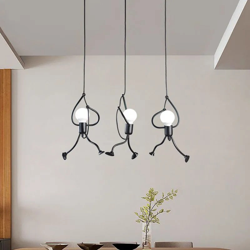 Retro Iron Little Man LED Ceiling Lamp – Modern Art Pendant Light for Living Room and Kids Bedroom Decor, Black Chandelier